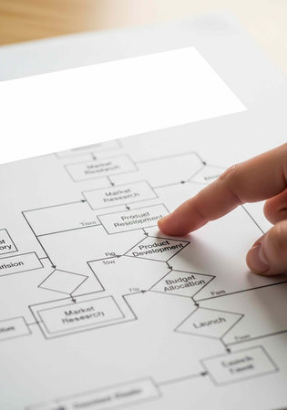 A hand pointing to a product development section on a detailed business flowchart on a table