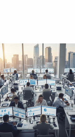 A bustling office with people working at desks in front of computers and a city skyline view