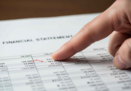A hand pointing to a financial statement with a red line indicating a trend in the data