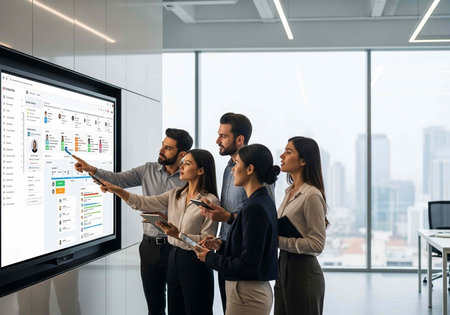A group of diverse business professionals gathered around a large screen in a modern office setting