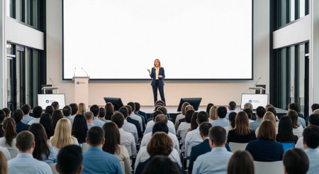 A confident businesswoman giving a presentation to a large audience in a modern conference room with...