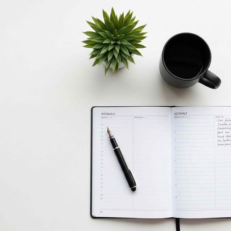 A serene workspace with a planner, pen, coffee mug, and plant on a clean white desk surfaceの写真素材