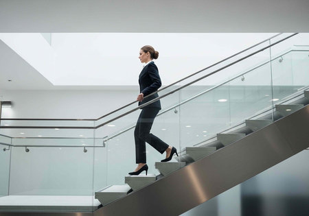 A professional businesswoman in a black suit walking up a modern glass staircase in an office...