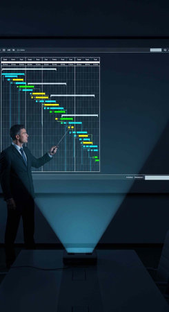 A businessman in a suit presents a colorful project timeline on a large screen display in a dark...