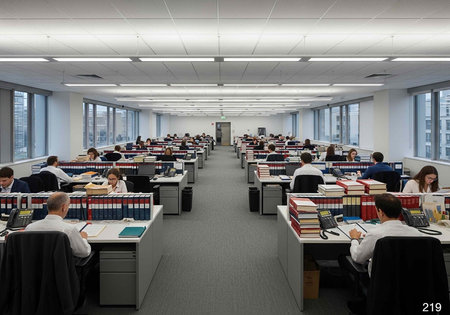 A large office space with many employees working at their desks in a modern corporate environmentの写真素材