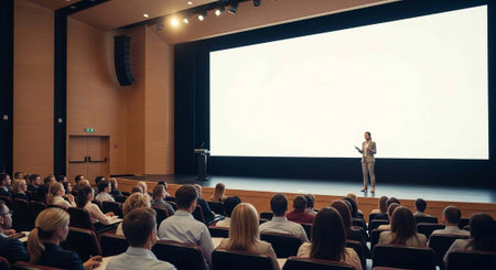 A woman presents to an audience in a large conference room with a blank projector screen