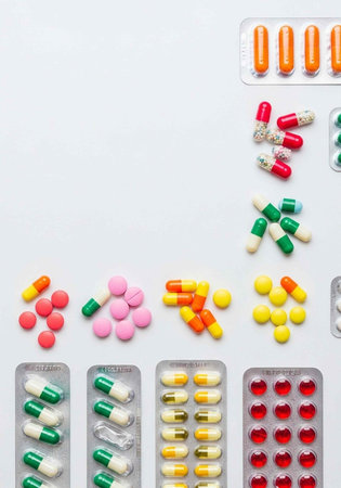 A collection of various colorful pills and capsules arranged on a white surface in blister packs and...