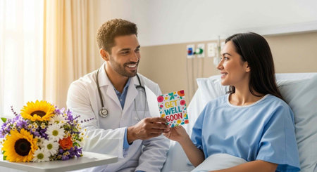 A smiling doctor presenting a get well soon card to a patient in a hospital bed with flowersの写真素材