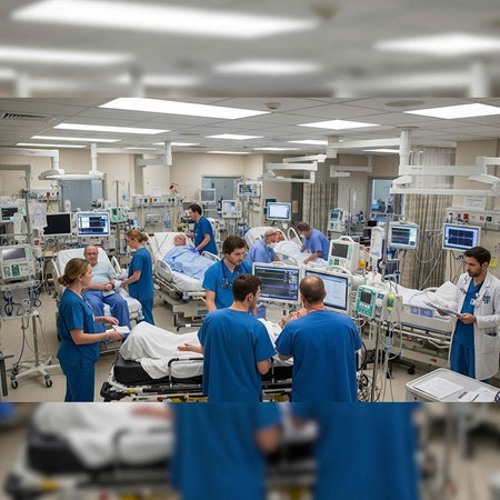 Medical staff in blue scrubs and white coats attend to patients in a busy hospital intensive care...