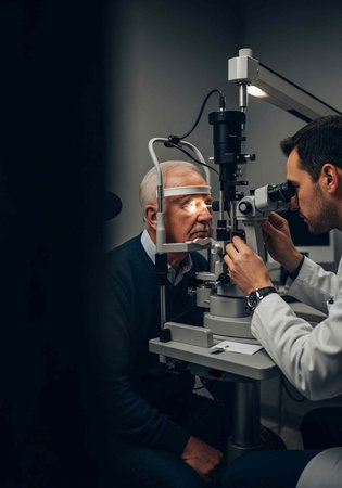 A doctor performing an eye examination on a patient using a phoropter in a medical office setting.