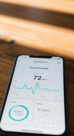 A smartphone displaying a health dashboard with heart rate and step count on a wooden surface