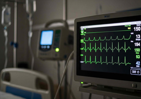 A medical monitor displays vital signs in a hospital room with equipment and a bed in the background