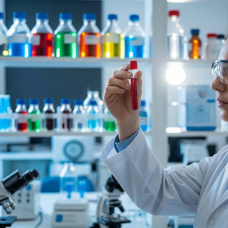 A scientist in a lab coat examining a red liquid in a test tube in a laboratory setting
