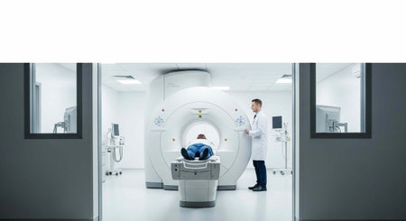 A doctor and patient in a modern hospital room with a large MRI machine in the background