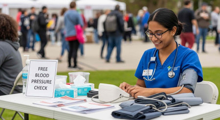 A female nurse in blue scrubs takes a blood pressure reading at an outdoor health fair eventの写真素材