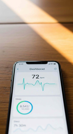 A smartphone displaying a health dashboard with a heart rate graph on a wooden table with natural...