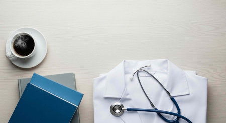 A neatly arranged doctor's workspace with a stethoscope, medical notes, and a cup of coffee on a clean deskの写真素材