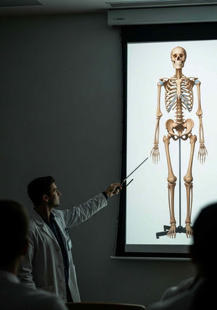 A medical professional presenting a human skeleton to a group of students in a classroom setting