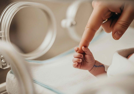 A tender moment of a parent holding a newborn baby's hand in a hospital incubator