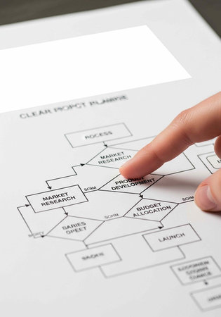 A hand pointing to a project planning flowchart on a white paper with a clear process diagram