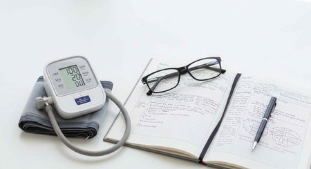 A blood pressure monitor, glasses, and pen on an open notebook for tracking health and wellness