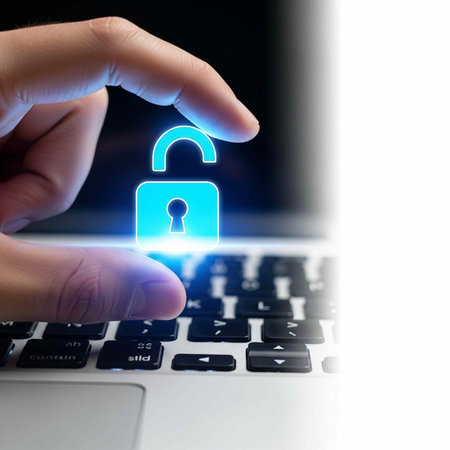 A hand securing a glowing blue padlock on a laptop keyboard for cybersecurity and data protection