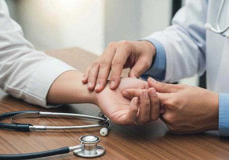 A doctor checking a patient's pulse with a stethoscope on the table in a medical setting