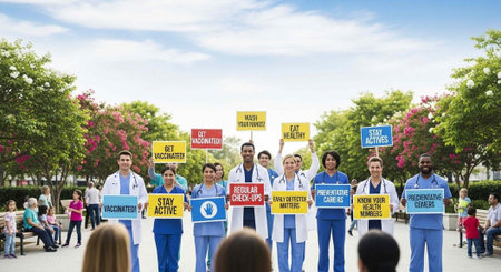A group of medical professionals holding protest signs in a park on a sunny day with trees and...