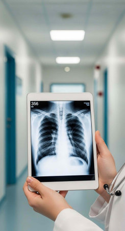A doctor in a hospital corridor holding a tablet with a chest X-ray on the screen