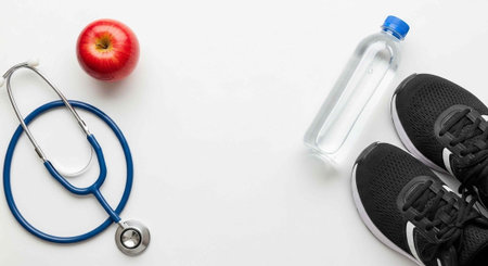 A stethoscope, sneakers, water bottle, and apple arranged for a healthy lifestyle concept on a white backgroundの写真素材