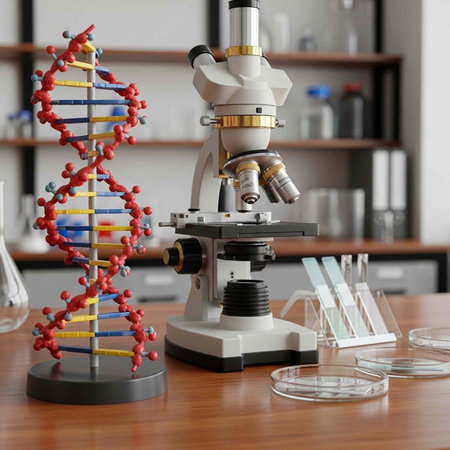 A microscope and DNA model on a laboratory table with petri dishes and shelves in the background