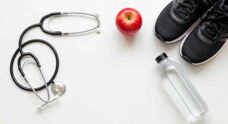 A stethoscope, sneakers, water bottle, and apple arranged on a white surface for a healthy lifestyle conceptの写真素材