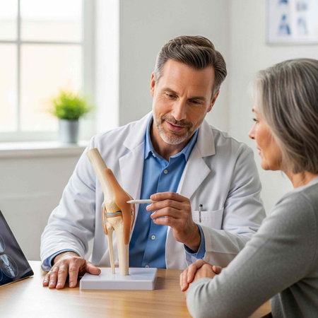 A doctor in a white lab coat explains a knee model to a patient in a modern medical officeの写真素材