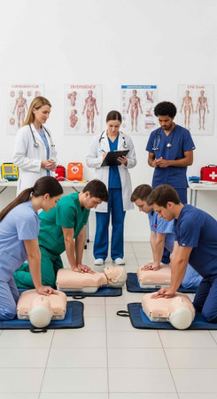 Medical students and instructors practicing CPR on manikins in a classroom setting with anatomy...