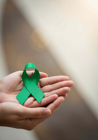 A person holding a green awareness ribbon in their hand for mental health and wellness supportの写真素材