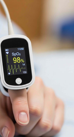A person's finger with a pulse oximeter displaying vital signs in a medical setting with blurred...
