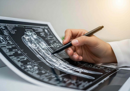 A person in a white shirt working on a technical drawing with a pen on a digital tablet.