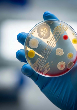 A gloved hand holding a petri dish with various bacterial cultures in a laboratory setting