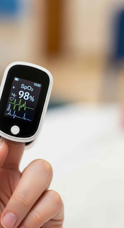 A hand holding a pulse oximeter with a high oxygen saturation reading on the screen in a medical...