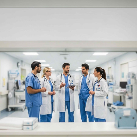 Medical professionals in blue scrubs and white lab coats discussing patient care in a hospital...