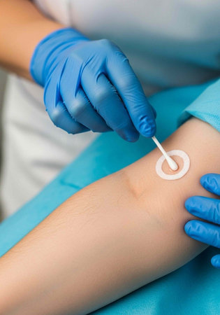 A medical professional in blue gloves applying a small white circular patch to a patient's arm
