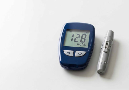 A blue glucometer with a digital display and a lancet on a white surface for diabetes management