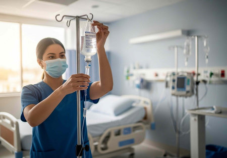 A female nurse in blue scrubs and a face mask prepares an IV drip in a hospital roomの写真素材