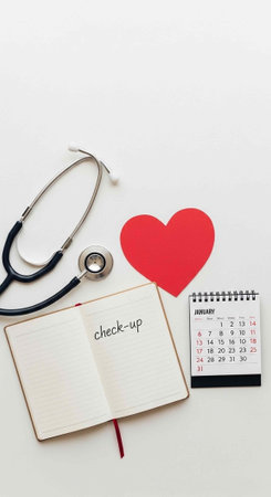 A stethoscope and calendar next to a notebook with check-up written on it and a red heart