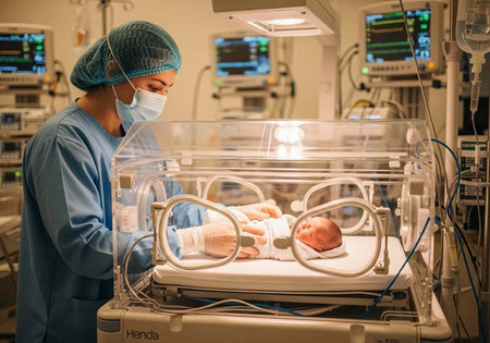 A healthcare professional in blue scrubs and a mask tends to a newborn baby in a hospital incubator