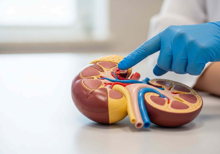 A gloved hand pointing to a detailed kidney model on a white surface in a medical setting