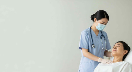 A female doctor wearing a face mask examines a patient lying on a hospital bed with a stethoscopeの写真素材
