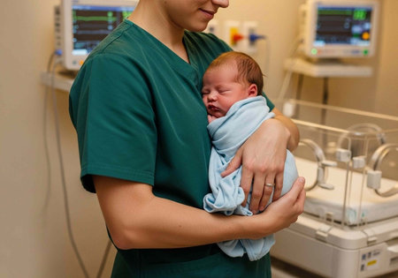 A healthcare professional tenderly holding a newborn baby in a hospital setting with medical equipment in the backgroundの写真素材