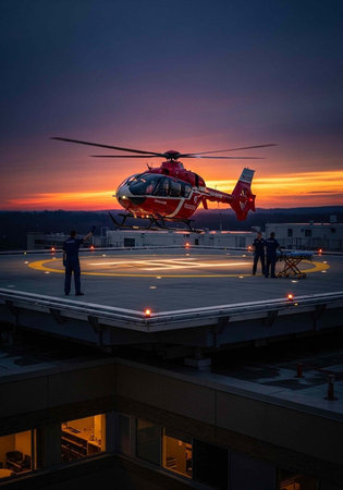 A red helicopter is landing on a rooftop helipad at sunset with people standing nearby