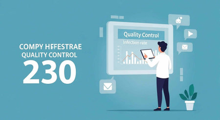 A man in a white shirt and dark pants stands in front of a large screen displaying a quality control...